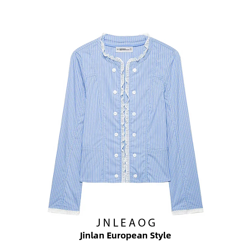 JNLEAOG Summer New Women's Fashion Striped Lace Decoration Silk Jacket Standard Fit Polyester Fiber Ladies Short Outerwear