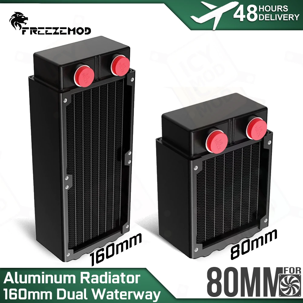 FREEZEMOD 16cm Dual Heat Sink Aluminum Water Cooling Mini Radiator with 16 Channels G1/4' Thread Compatible 80mm Fan PC MOD