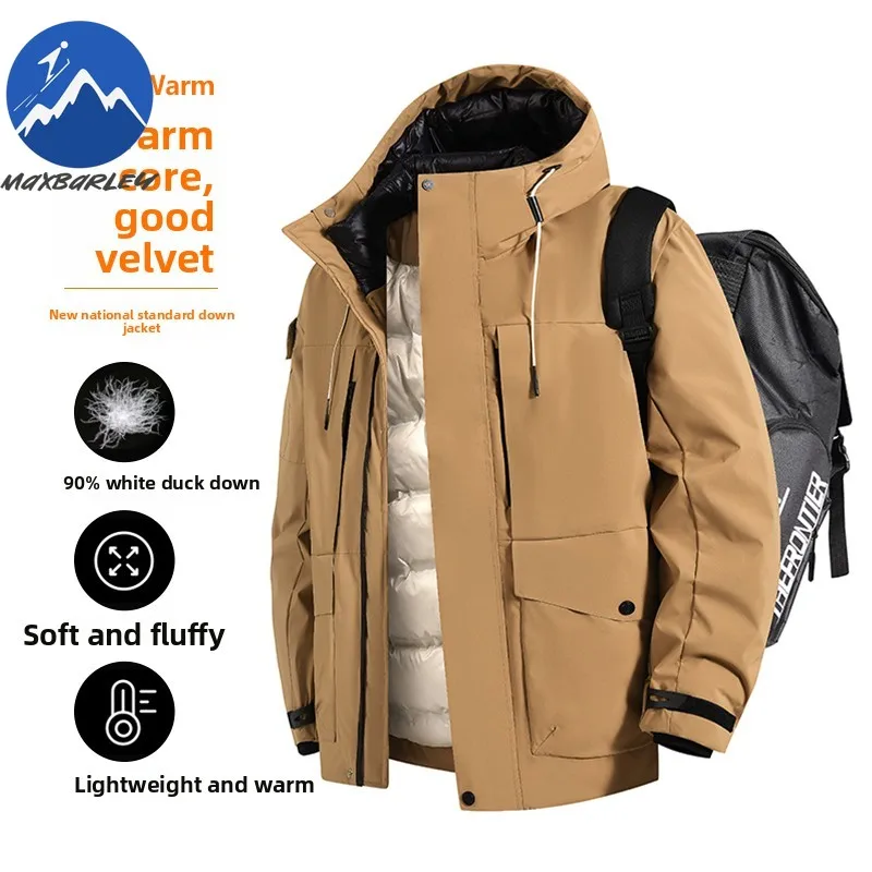 Piumino da uomo di marca Comfort Snow Ski Piumini spessi e caldi Cappotto invernale in piumino d'anatra leggero resistente al freddo con cappuccio tinta unita