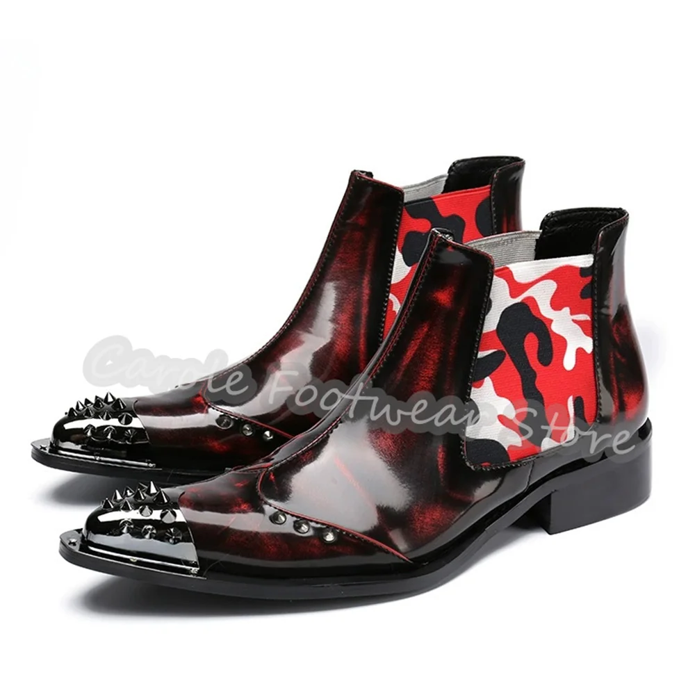 

Punk Rivet Metal Pointed Toe Chunky Heel Boots Male Mixed Color Genuine Leather Ankle Boots Gothic Rock Footwear Dress Shoes