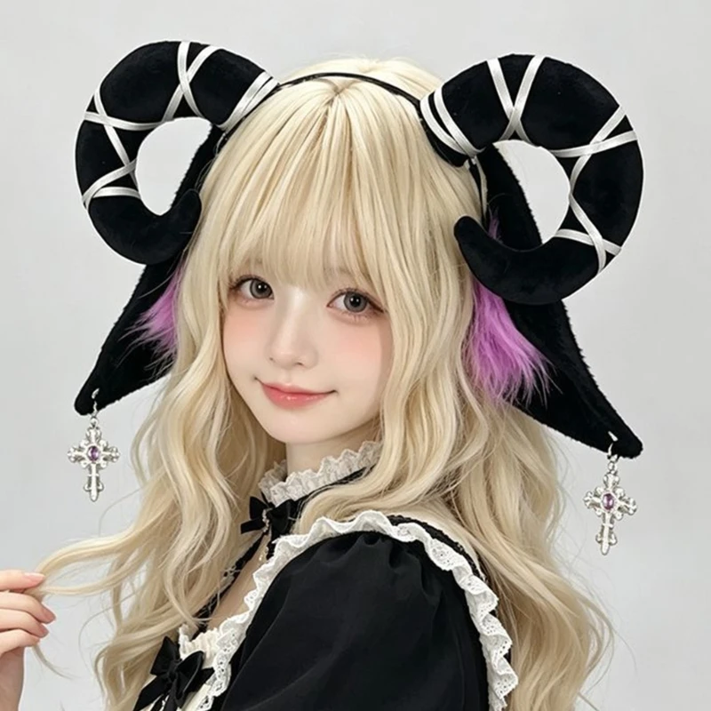 Curled Horn Ear Costume Headpiece with Integrated Headband Design, White Ribbon Trim, and Hanging Ornaments for Cosplay Y08E