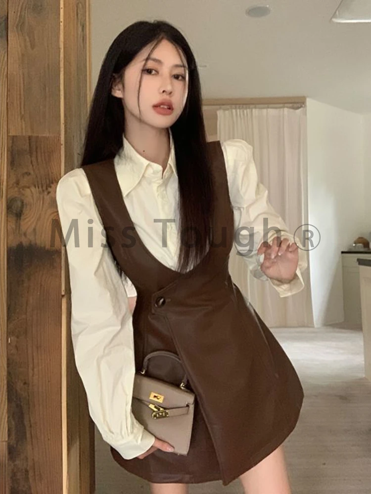 Winter Leather Vintage Two Piece Set Women Patchwork Elegant Suit Female Casual Korean Fashion Strap Dress+solid Shirt Set 2023