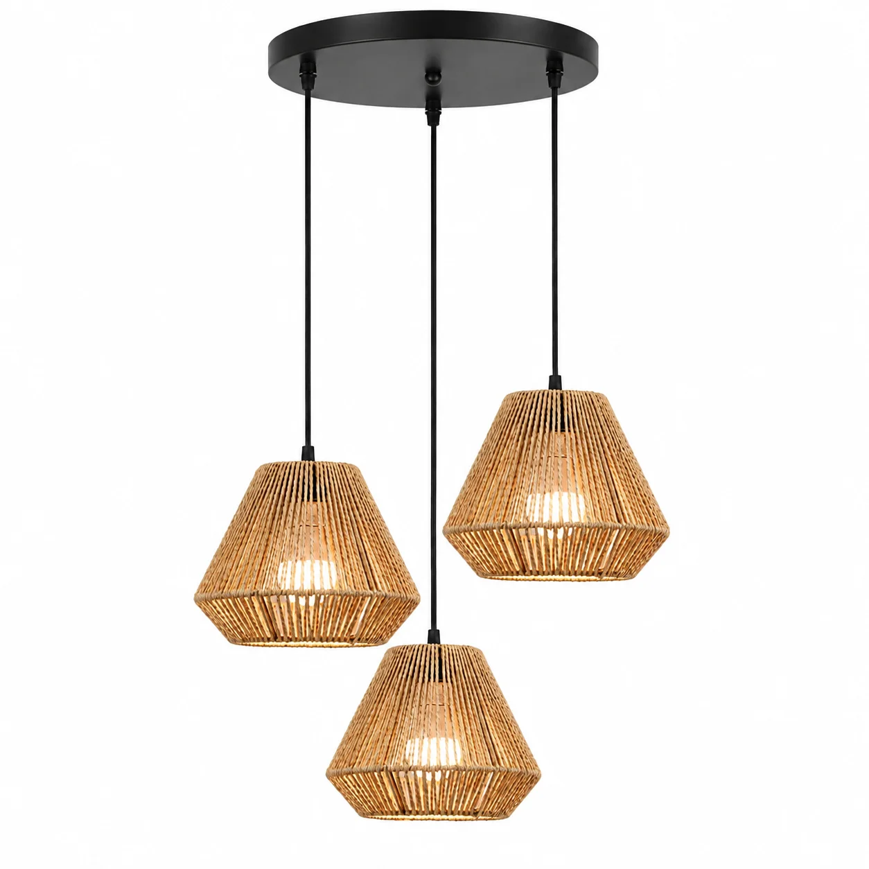 JOYINLED 3-Light Woven Rope Pendant Light, Boho Hanging Ceiling Lamp, 30cm Canopy, E26/E27 Bulb Base for Kitchen Island Decor