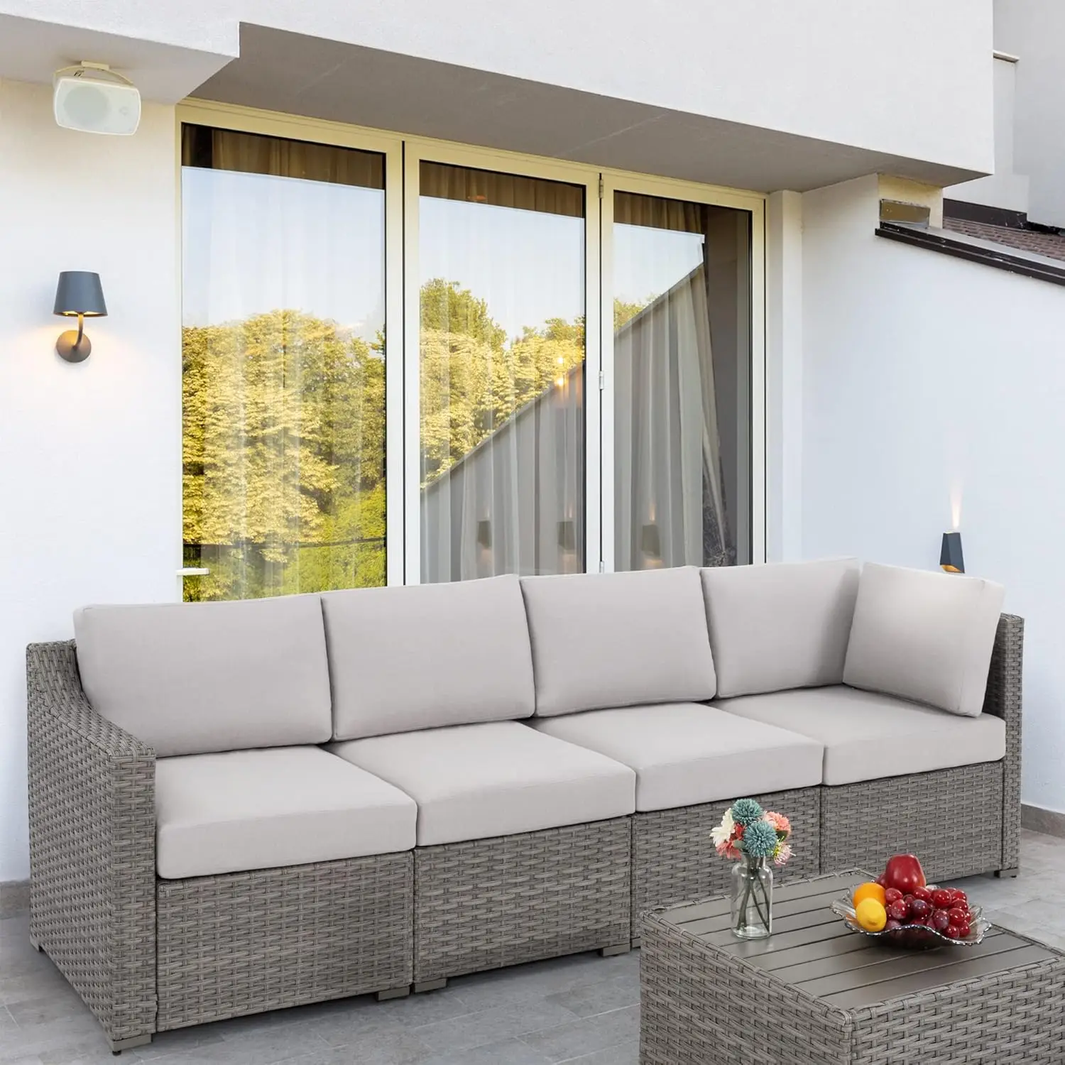 5 Piece Outdoor Patio Set, All-Weather PE Rattan Sectional Sofa with Cushions