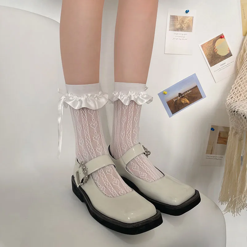 

Lace Socks Lolita Transparent Mesh Crew Socks Sweet Ruffled Bowknot Cute Love Heart Pattern Summer Ultrathin Ankle Socks Women