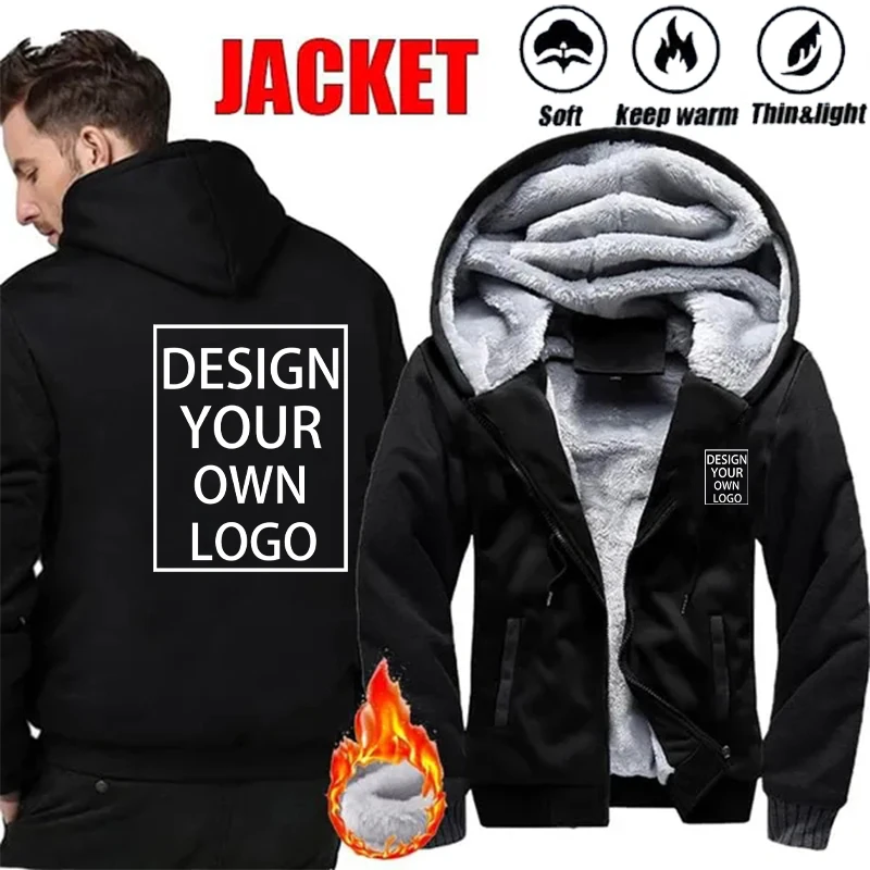 Custom Your Logo Men's Winter Thick Jackets Long Sleeve Zip Up Hoodies Fashion Outdoor Warm Loose Coat Personalized Clothing
