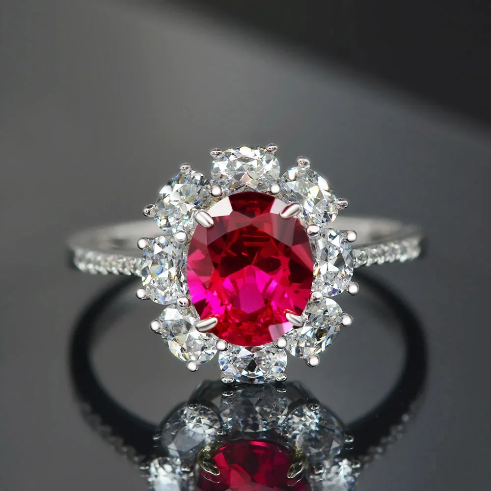 

New S925 Silver Ruby 2-carat Women's Ring Egg shaped 7 * 9 Electric Split Ring Vintage Style Ring marry Jewelry