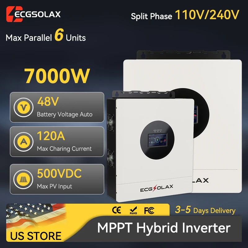 

ECGSOLAX 7KW Hybrid Solar Inverter 48V Split-Phase 110V/240V 14KW 21KW 42KW Pure Sine Wave Hybrid Inverter With MPPT 120A Solar Charger Built in WIFI