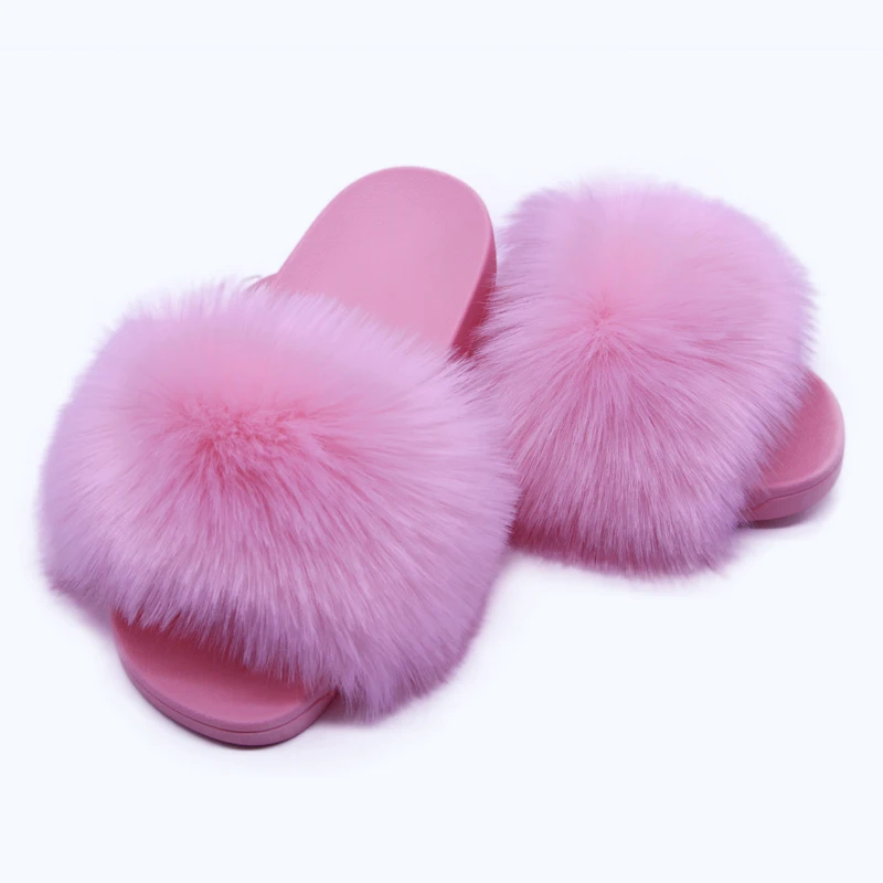 Summer Women Imitation fox fur Slippers Fluffy  Slides Female Furry Outside Flat Flip Flop Ladies Rainbow Slip On Sandals