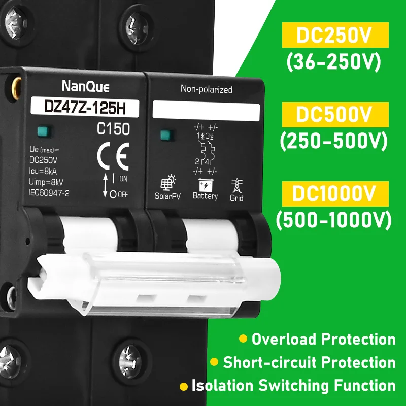 2P MCB 100A 125A 150A DC100V 150V 250V 500V 1000V Voltage Circuit Breaker C Curve Solar Panel Battery Short Circuit Protection