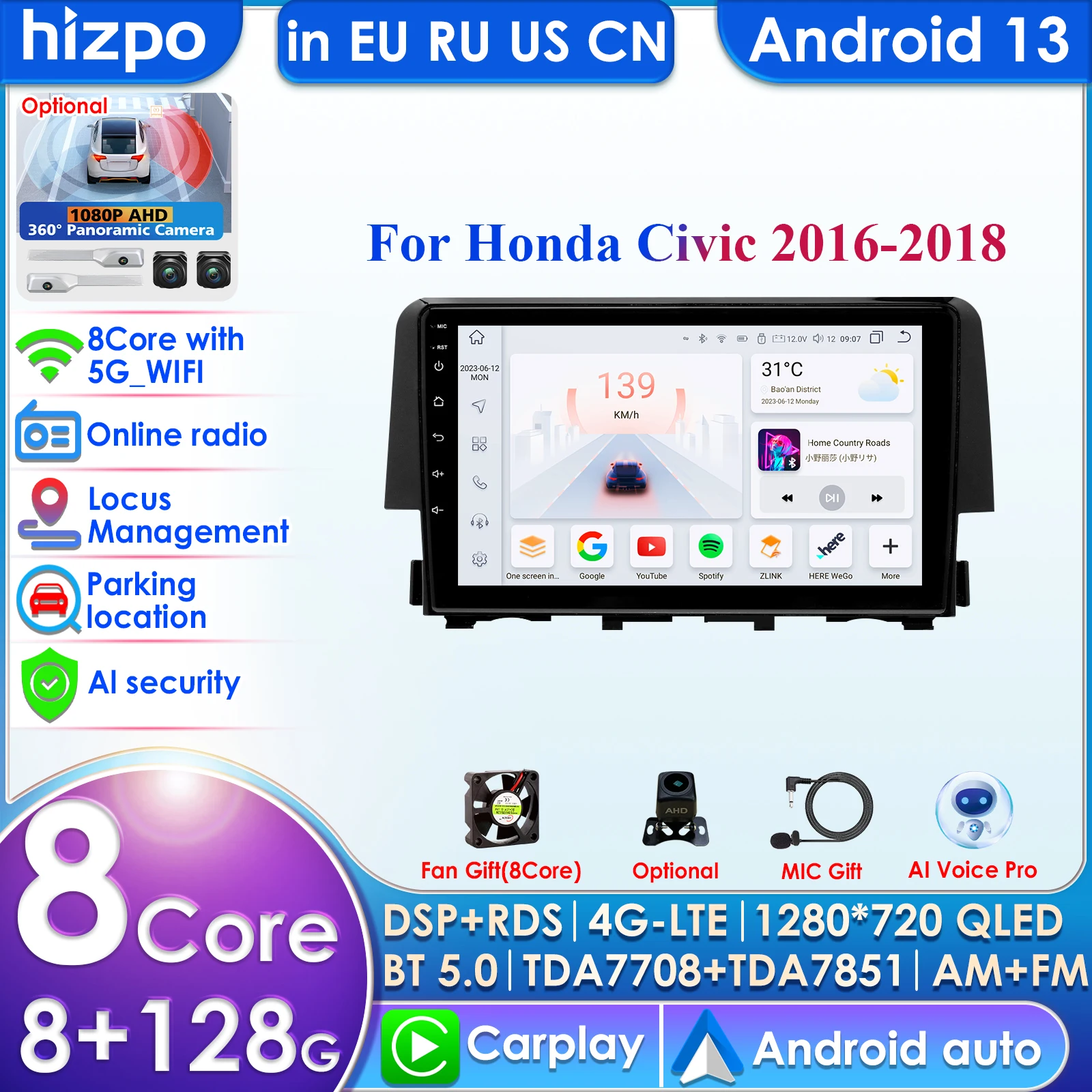 Carplay 4G-LTE Android 13 Car Radio GPS for Honda Civic 10th 2015 - 2021 Multimedia Video Navigation Stereo Head Unit Audio WIFI