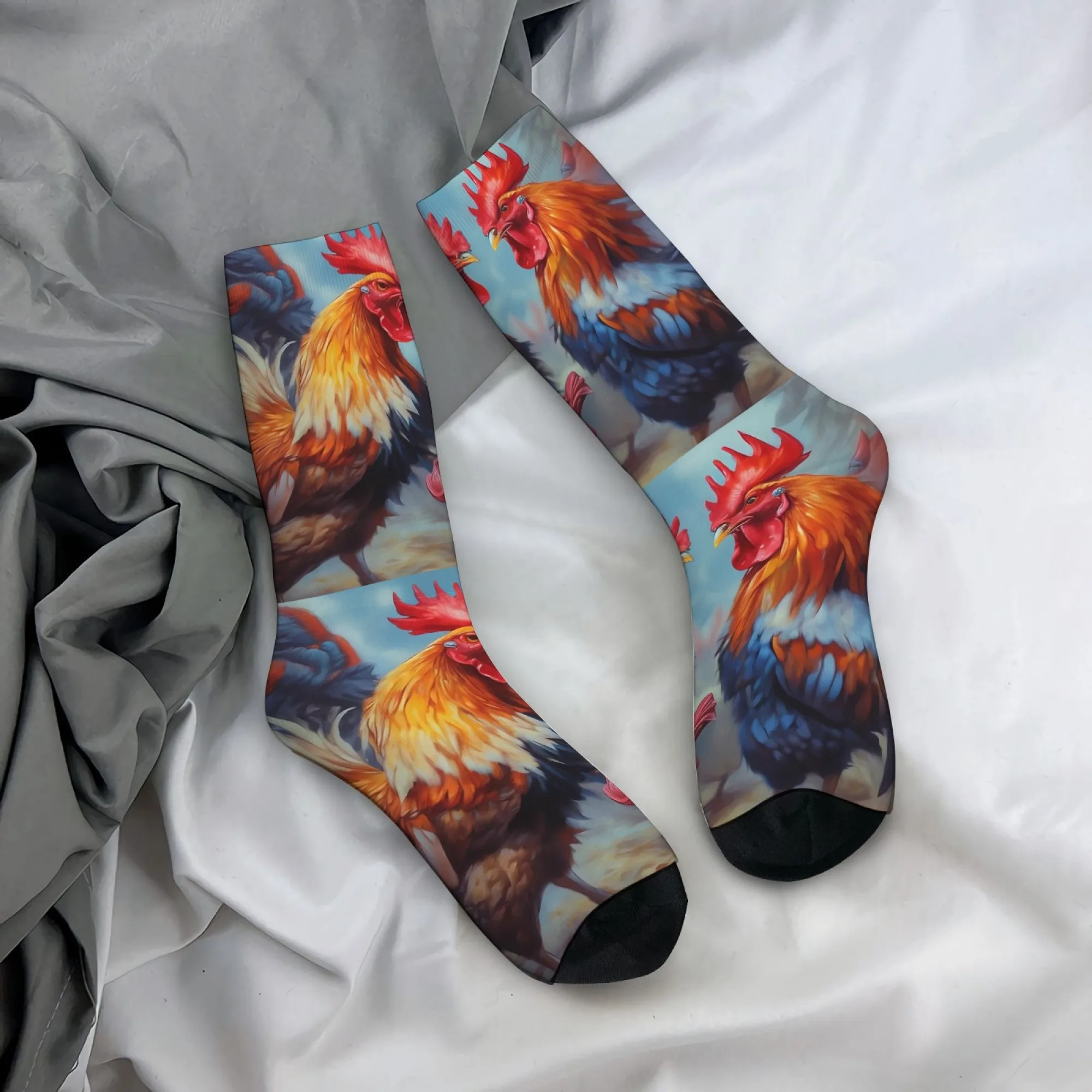 

Новые носки до середины икры с принтом петуха в стиле масляной живописи, яркие цвета, уникальный дизайн, удобные, мягкие и нескользящие.