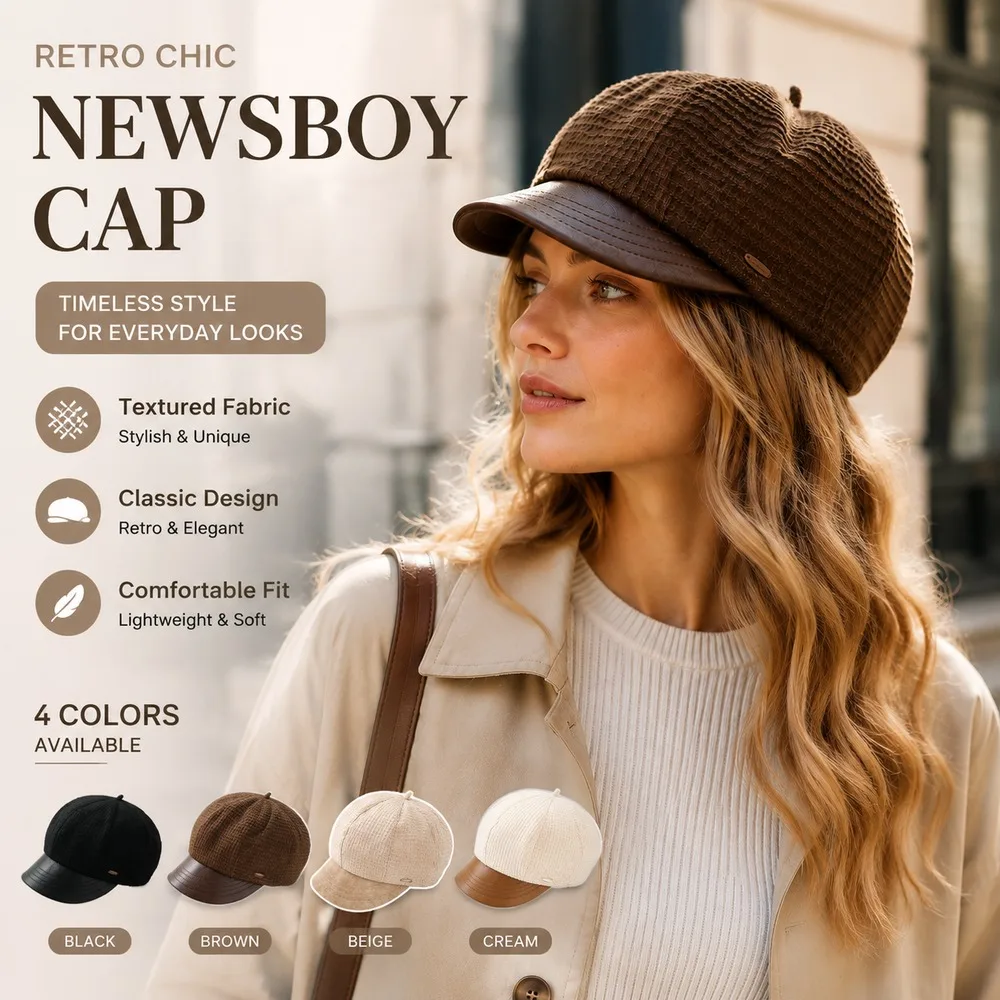 Women's Newsboy Cap Textured Baker Boy Hat Retro Vintage Style Leather Brim Casual Autumn Spring Fashion Hat