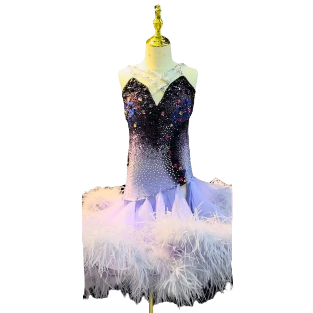 Dança latina adulto crianças vestido ab pedra high-end personalizado gradiente roxo contrastante precisamente tango roupas femininas