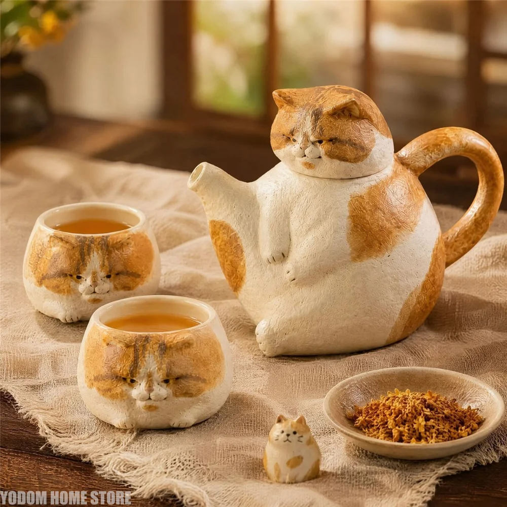 Cute Handmade Funny Cat Pottery Teapot with 2 Cups for Tea Kettle Tea Pot Set Chinese Japanese-style