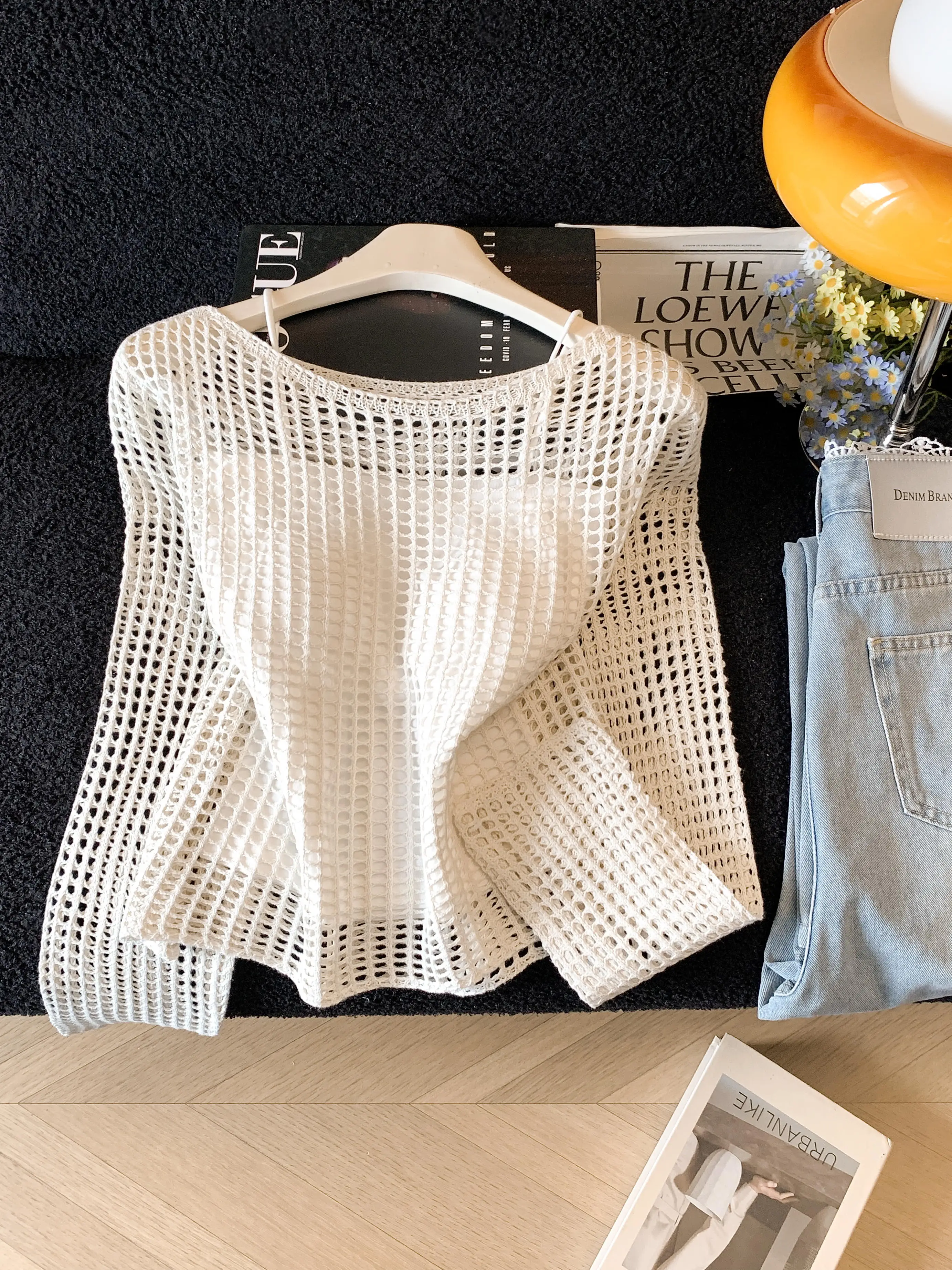 Spring and Summer Thin Overlay Loose Hollow-out Blouse with Camisole New Fashionable Mesh Shirt Two-piece Set