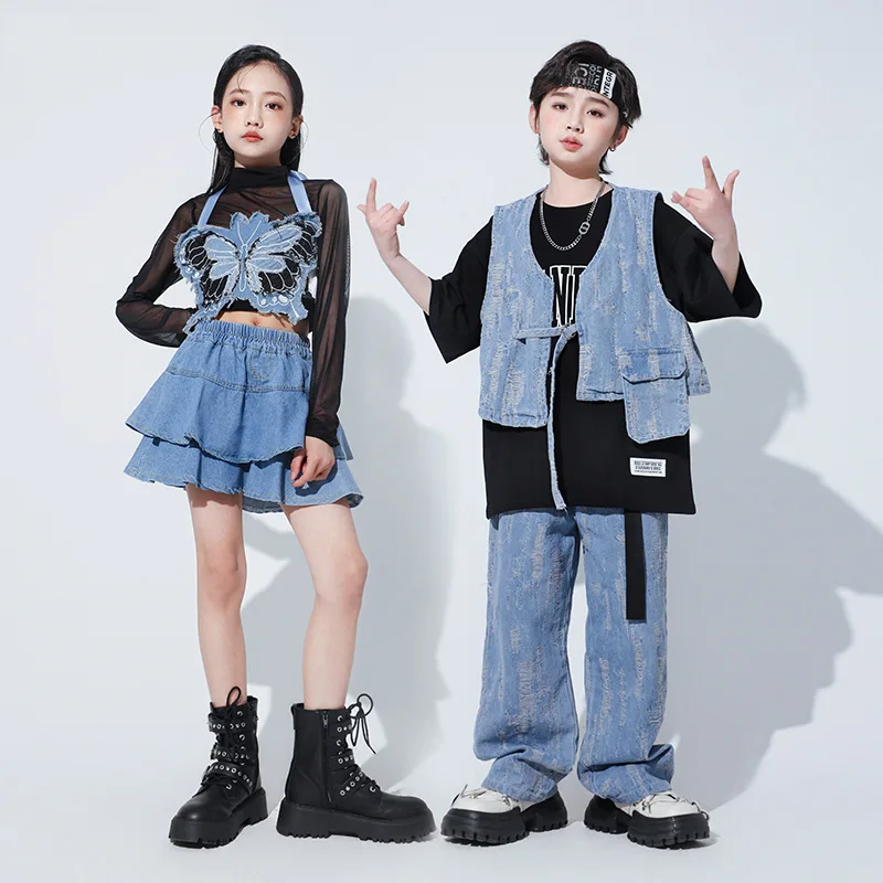 Kids Street Dance Hip Hop Clothing Suit Denim Vest Pants Skirt Outfits Boys Girls Jazz Concert Performance Clothes Stage Costume