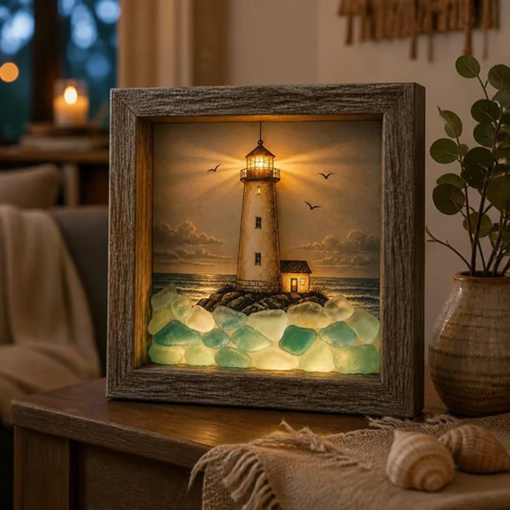 LED Night Light Sea Glass Lighthouse Decorative Frame Lamp Photo Frame Tabletop Ornament Decor  Bedroom Decorative Night Light