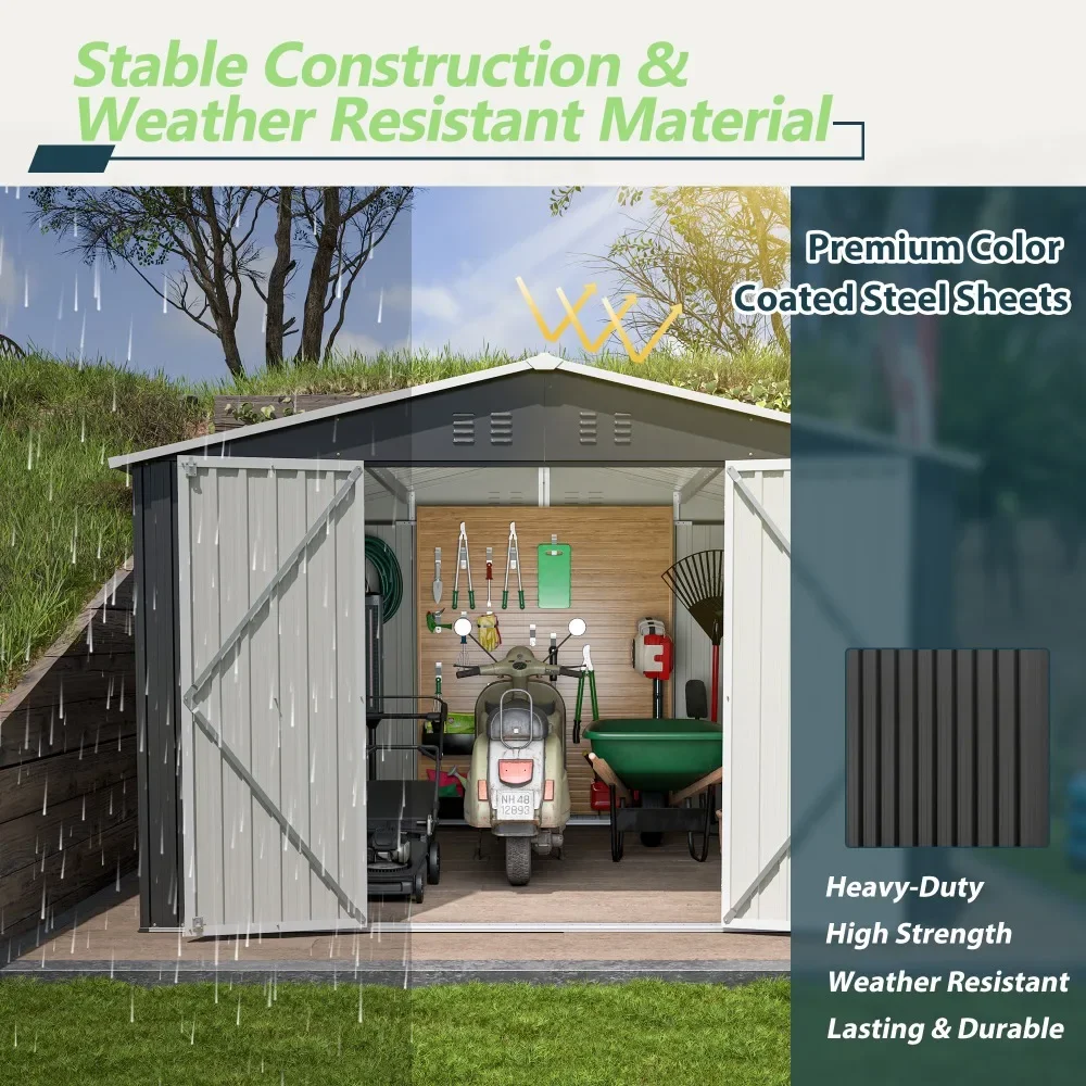 Outdoor Storage Shed 10x10 FT, Utility Metal Tool Storage with Lockable Doors and Updated Frame Structure