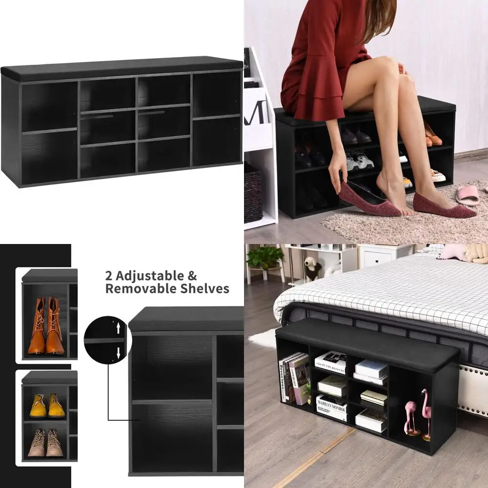 

Adjustable Shelf Shoe Storage Bench with Cushion, 10-Cubby Organizer for Entryway, Space-Saving Shoe Rack Bench