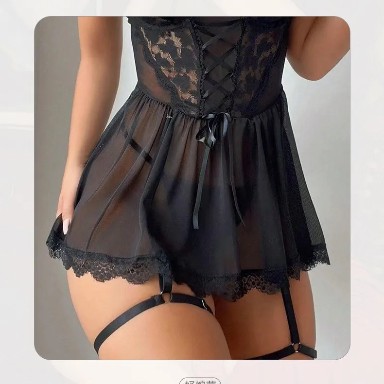 Сексуальное нижнее белье, кружевная юбка для сна, комплект одежды для сна с ремешком, стальное кольцо, стильный женский сексуальный бюстгальтер, юбки