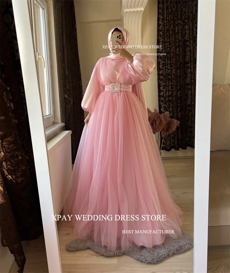 

XPAY Princess Baby Pink Tulle Muslim Arabic Women Evening Dresses For Wedding Party Guest Puff Long Sleeves High Neck Prom Gowns