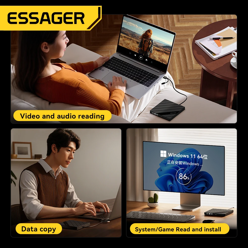 Essager 2 in 1 외장 CD/DVD 버너 광학 드라이브 USB-A/Type-C DVD RW CD 라이터 리더 플레이어 휴대용 레코더 (노트북 PC용)