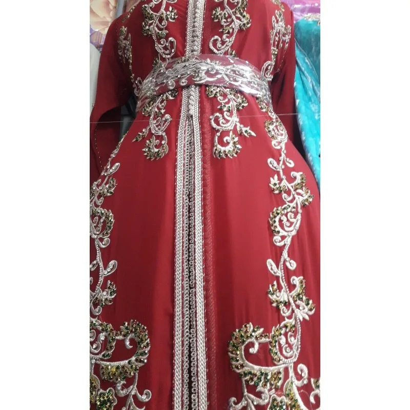 Luxury Red Kaftan Belt Embroidered Handmade Artisanal Farasha Beaded Zircon Decoration Wedding Dress Dubai Caftan 2 Pieces