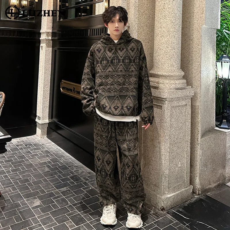 

LUZHEN Handsome Luxury Two-piece Sets Men's Fashion 2025 Autumn High Quality Hoodies Pullover Loose Straight Casual Pants JY3775