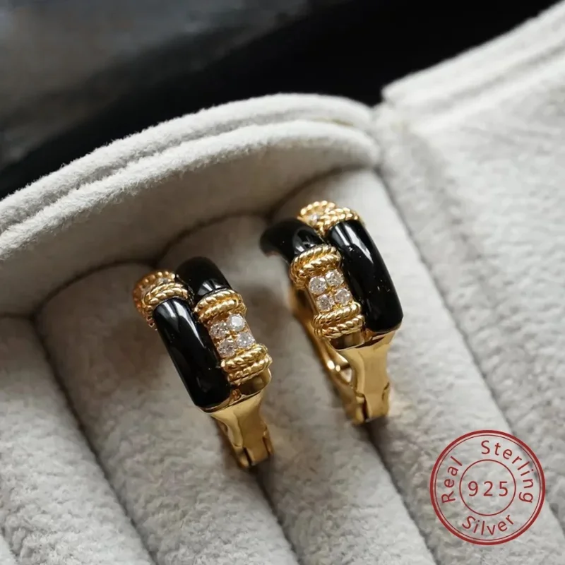 

S925 Sterling Silver Gold-Plated Clip-On Earrings, Retro Dark Night Black Gold Charm with Enamel and Black Zircon, Women's Jewel
