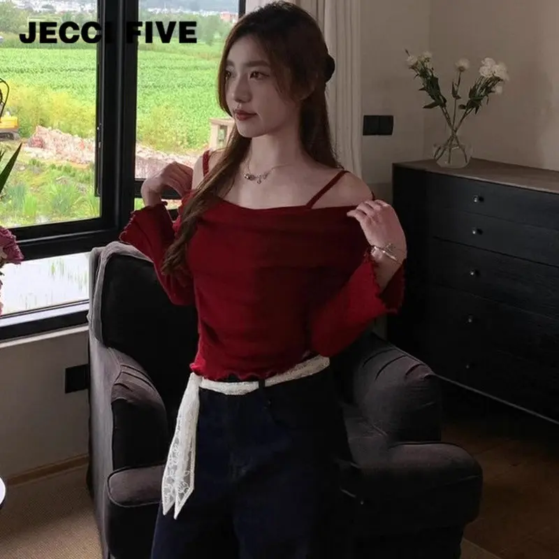 

Лидер продаж, Женский Топ с воротником на одно плечо Pure Desire, вязаная нижняя рубашка из двух частей с красным свитером с открытыми плечами