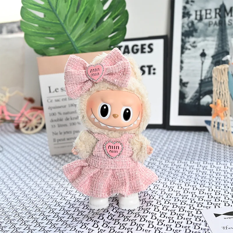 17cm Labubu 인형 럭셔리 의류 드레스 보우 머리띠 핑크 세트 v1v2v3 미니 Labubu DIY 의류 스커트 액세서리