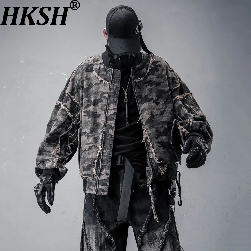 HKSH Spring Autumn New Men Waste Land Heavy Irregular Frayed Edge Patchwork Jacket Tide Chic Punk Camouflage Design Coat HK18375