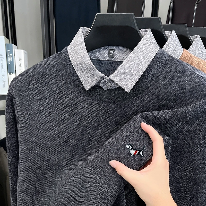 

Trend Brand Design Men's Knit Sweater Lapel Thicken Fake Two-piece Winter Warm Jumper British Business Versatile Men's Clothing