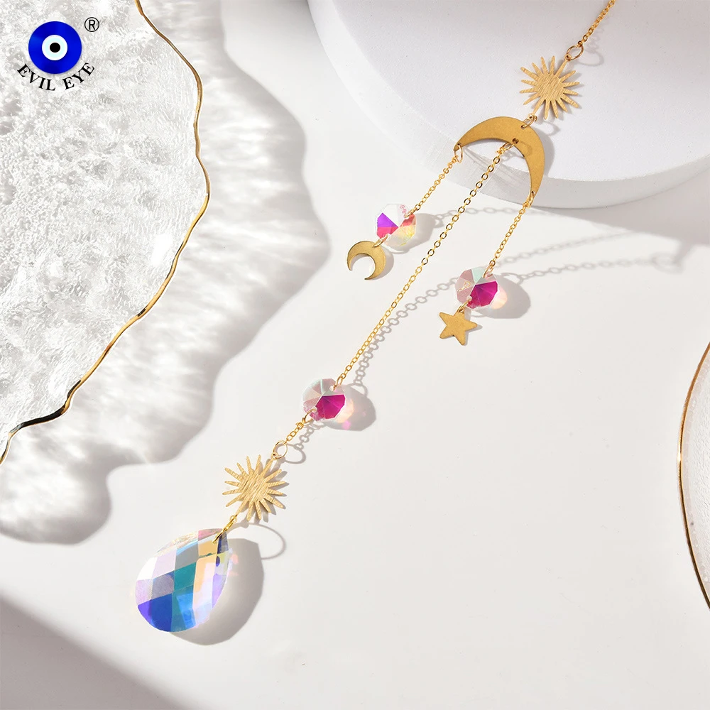 Gantungan Kunci Bentuk Tetesan Air Kristal Mata Keberuntungan, Liontin Bulan Matahari, Gantungan Kunci Tas Mobil untuk Wanita Pria, Perhiasan Fashion