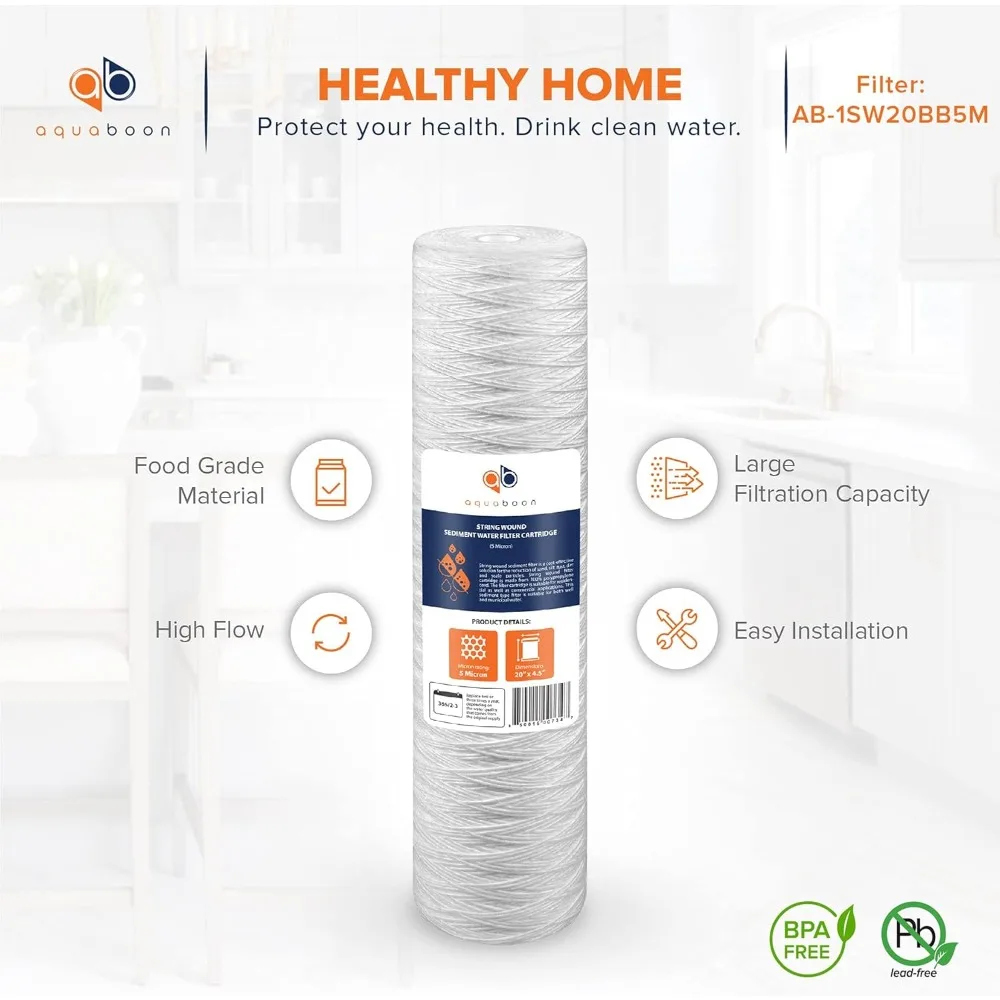 5ミクロン 20 x 4.5 全館用ストリング巻き水フィルター交換カートリッジ（井戸水ろ過用、WP5BB20Pと互換性あり）
