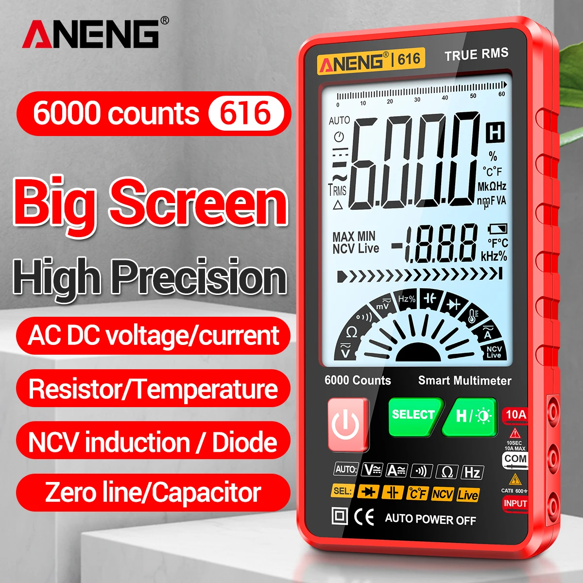 ANENG 616 Smart Digital Multimeter 6000 conteggi Auto Range True RMS Resistance AC/DC voltmetro amperometro LCD NCV misuratore universale