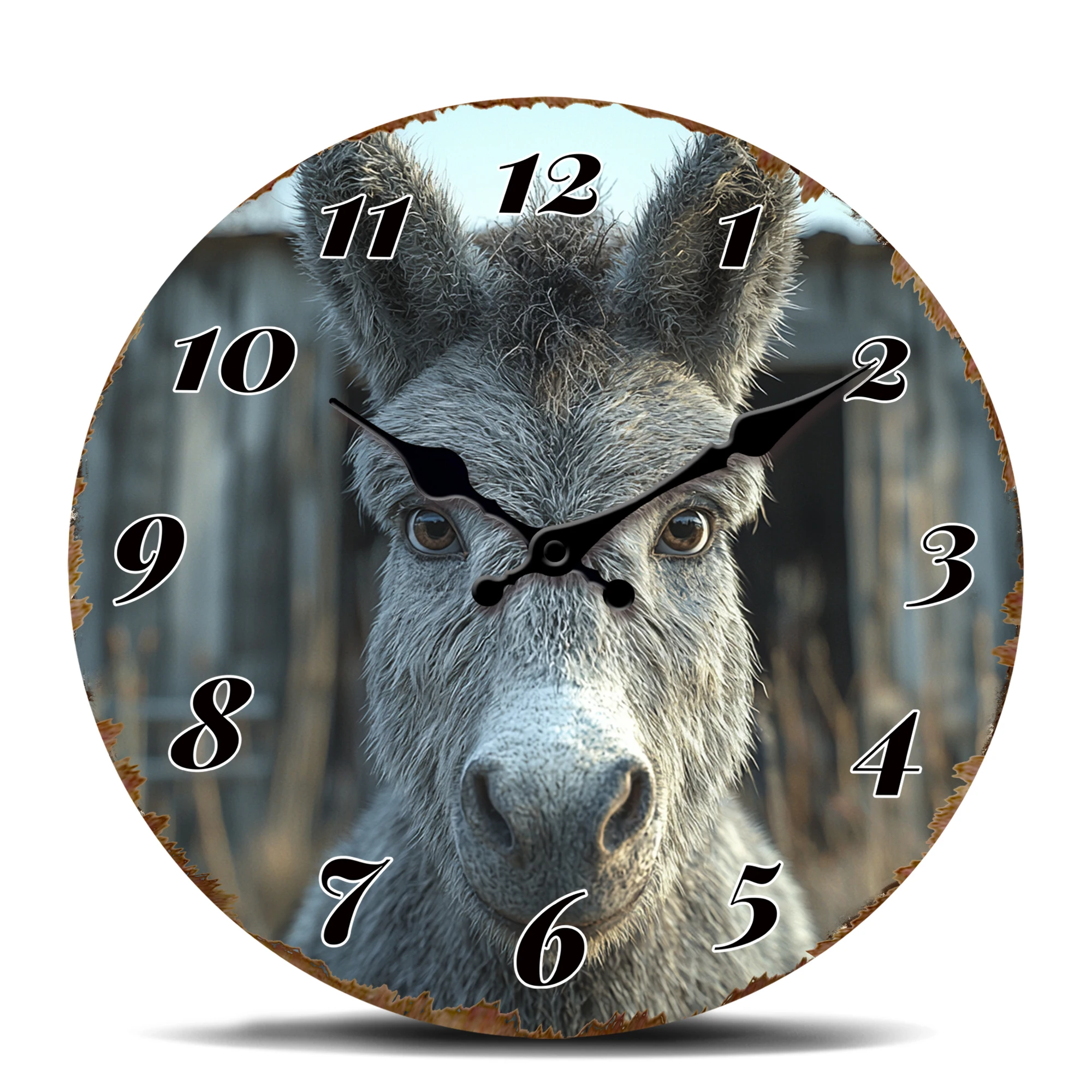 

Rustic Donkey Close-Up Wall Clock with Barn Background Farmhouse Decor