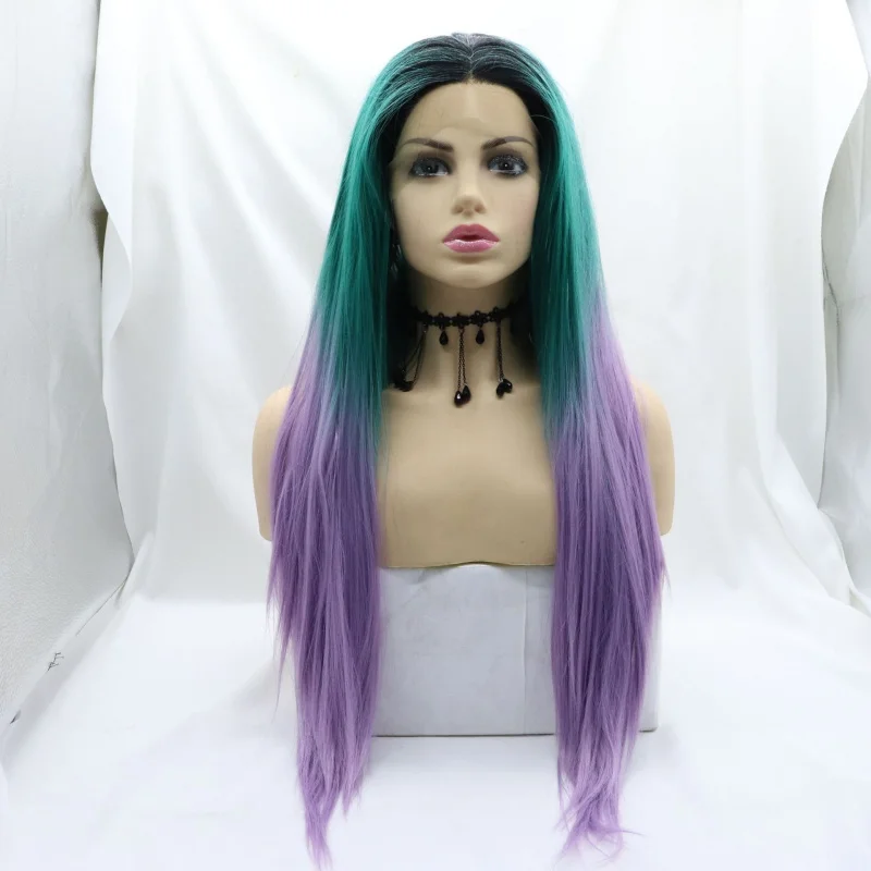 

Two-tone hand-crocheted front lace synthetic wig, women's matte high-temperature fiber, freely partable long straight hair, full