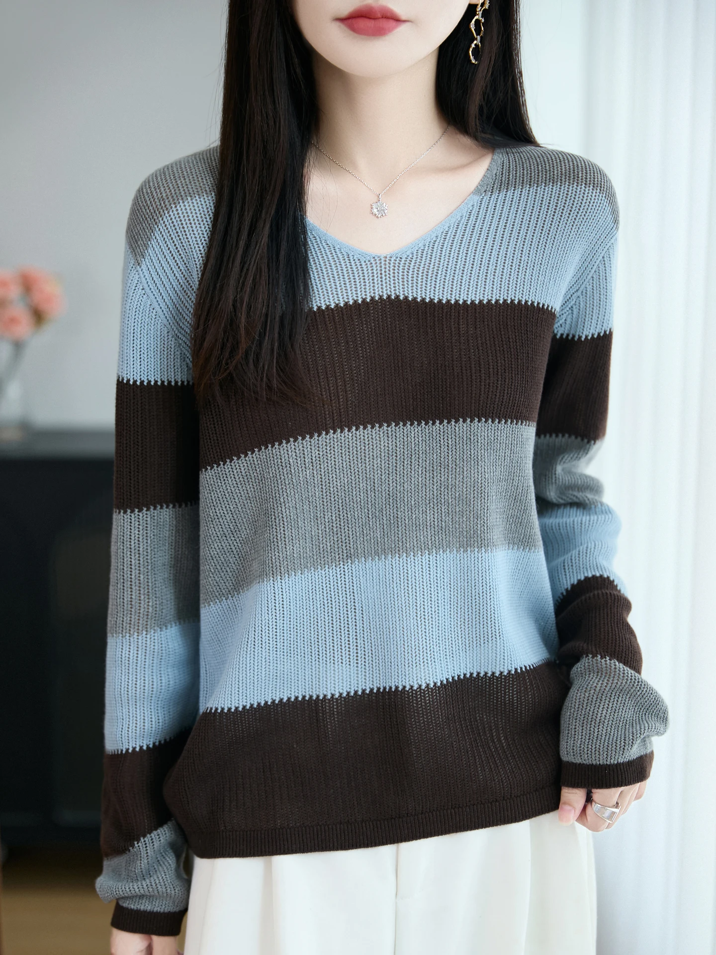 

New Casual Woman Merino Wool Sweater Hollow Out Spring Autumn Female Knitwear V-Neck Pullover Ladies Long Sleeve Clothing Tops