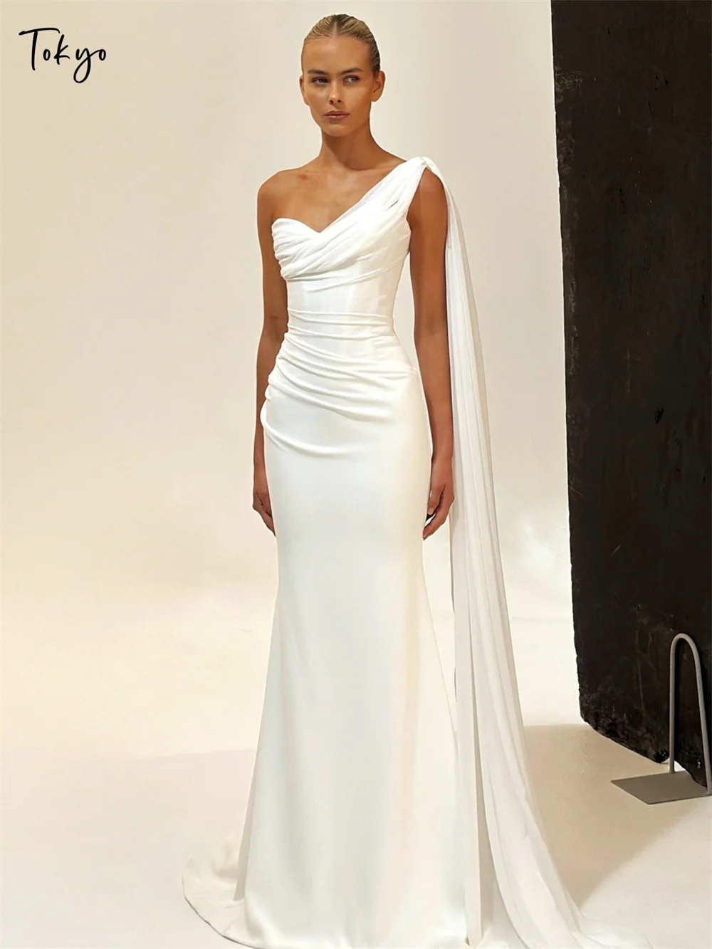 

Tokyo Customized White One Shoulder Wedding Dresses Sleeveless Floor-Length Bridal Gowns Elegant Mermaid Satin Wedding Gowns