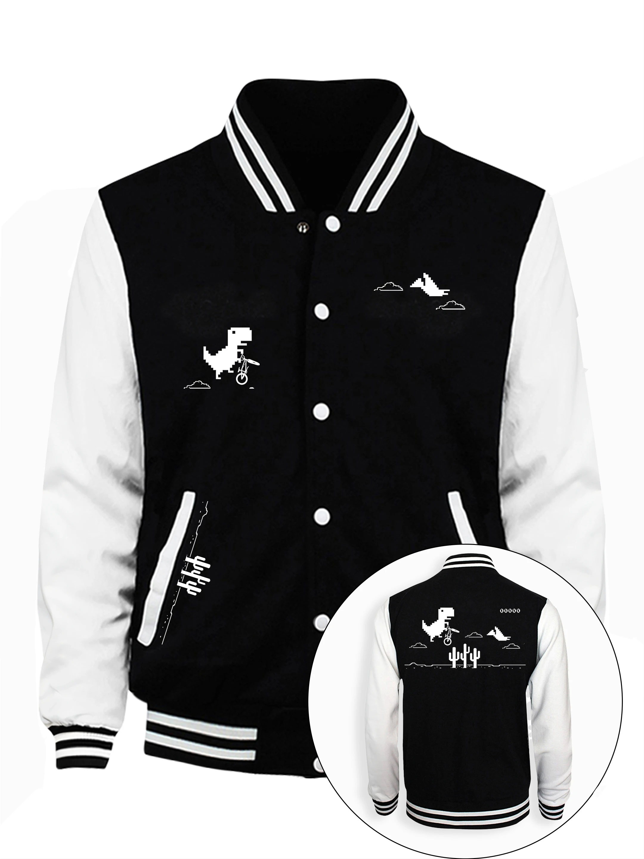 

Pixel Dinosaur Adventure Print Jacket Male Fashion Hip Hop Baseball Jersey Soft Loose Fleece Coat Unisex Street Basics Clothes