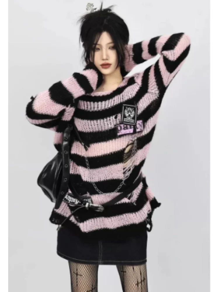 2026 New Black Pink Striped Y2K Sweater Women Spring Autumn Ripped Niche Design Spicy Girl Top Lazy Elegant Knitwear