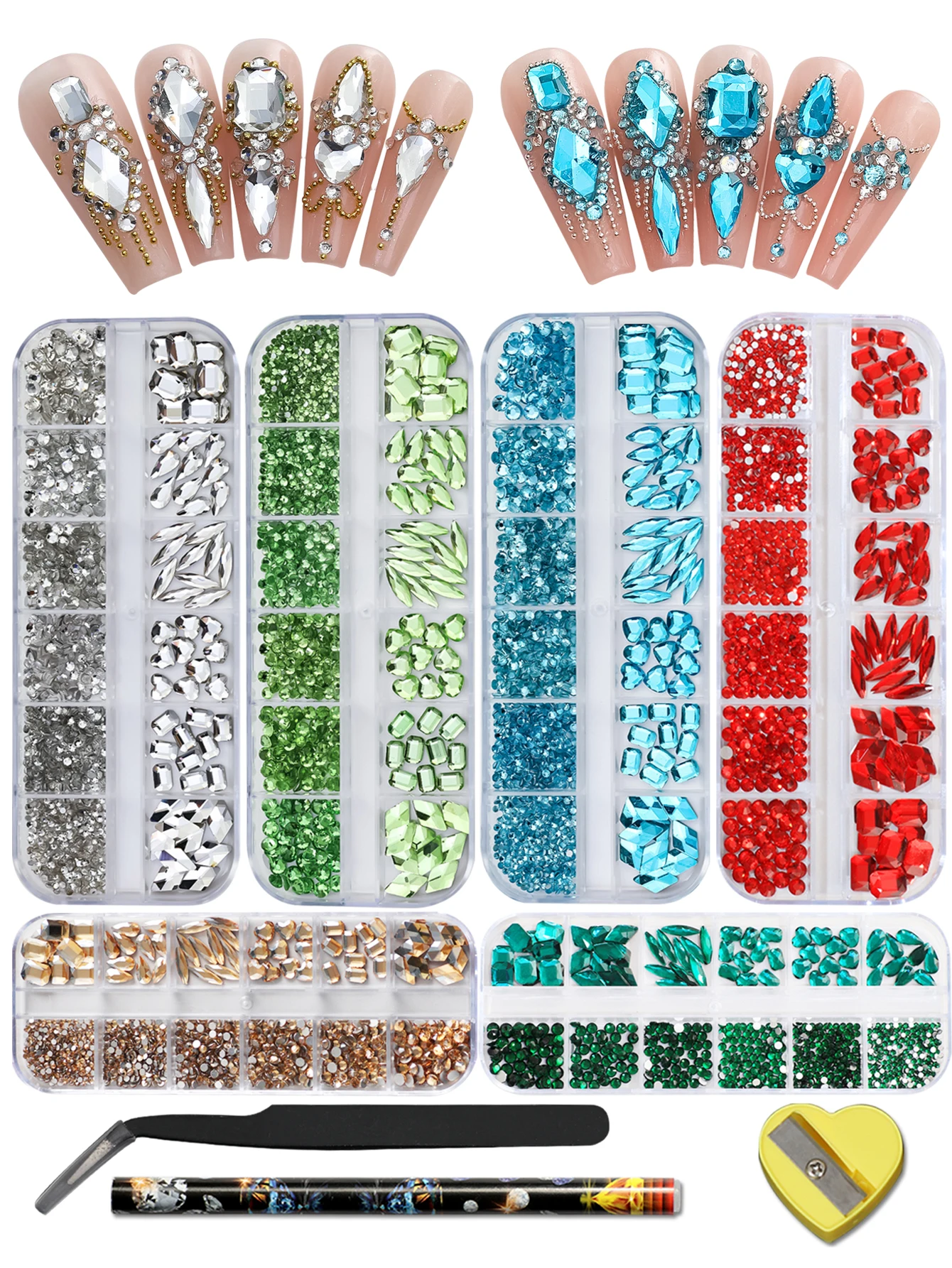 6BOX/12 grid set green water drop love white pink diamond nail art charm 3D shiny different size diamond jewelry flat bottom spe