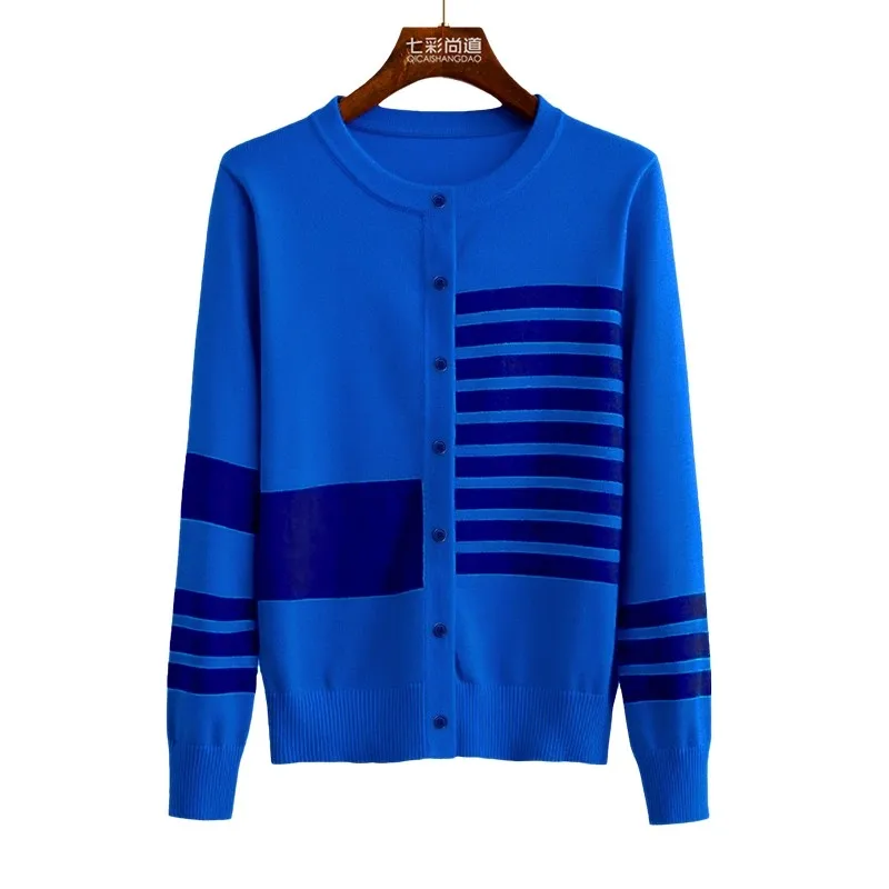 Cardigan feminino outono manga comprida cor bloco listrado gola redonda slim estilo curto suéter de lã aconchegante