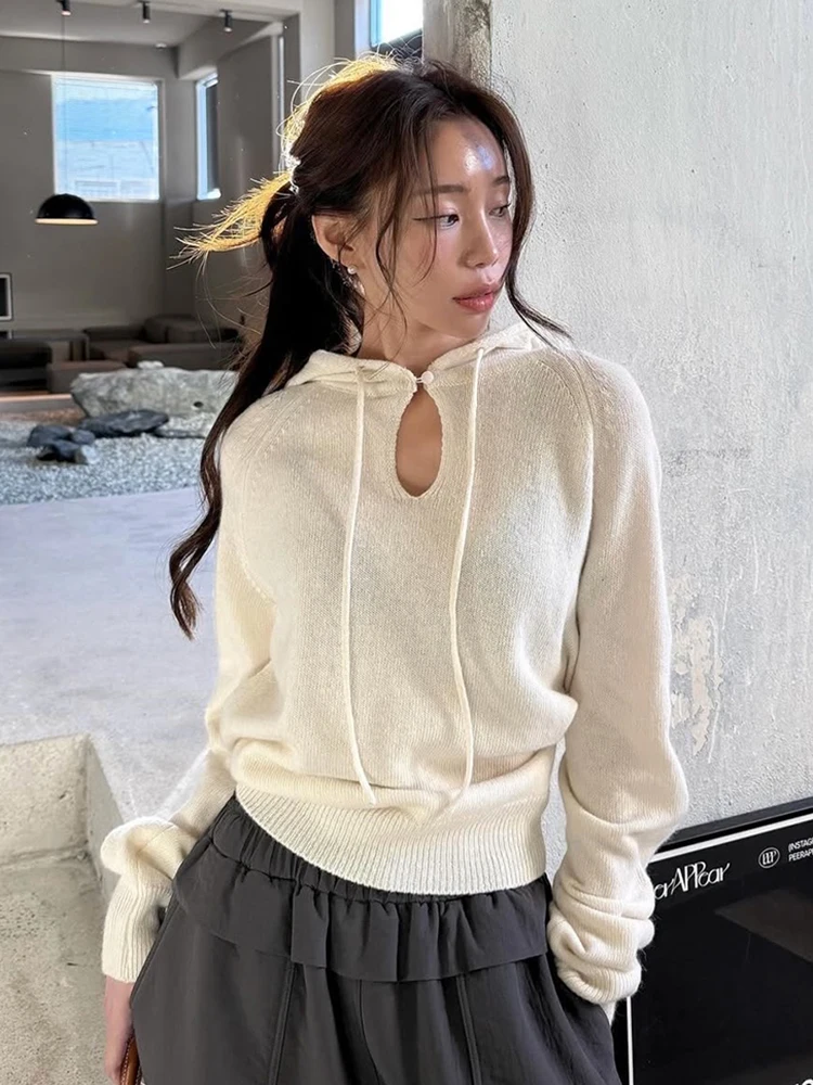 Casual Hooded Knit Sweater Women Spring Button Hollow Out Long Sleeve Pullovers Preppy Sweet Loose Lace Up Korean Chic Jumpers