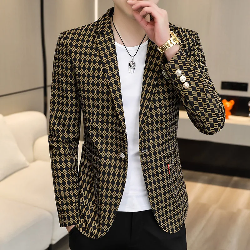 

2023 New Autumn and Winter Suits Fashion Handsome Trend Business Men Young Slim Checkered Small Suit Single West Coat Men