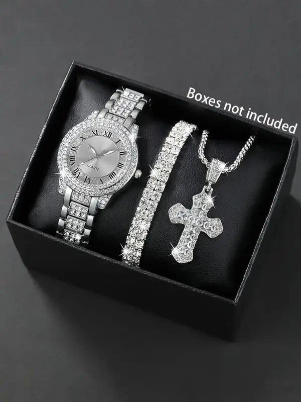 Elegant ladies' quartz watch three piece set, diamond studded cross necklace and bracelet - the perfect gift,