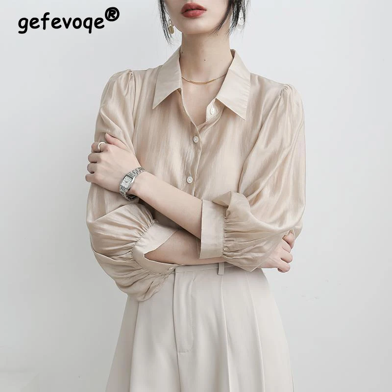 

Spring Summer Elegant Fashion Long Sleeve Shirt Female Polo-neck Simple All-match Temperament Blouse Women Solid Cardigan Blusa