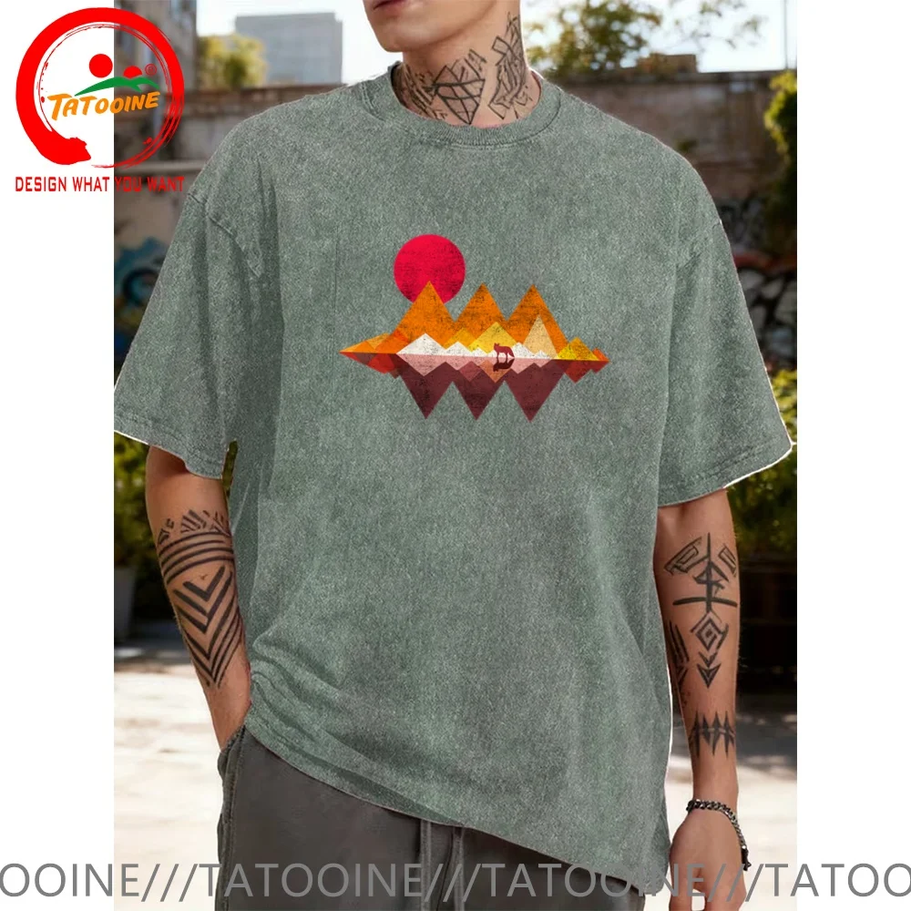Vintage Washed Cotton T-Shirt Funny Designer Wolf Lands Nature Wolves Mountains Sun T Shirt Men Fashion Trendy Casual Clothing